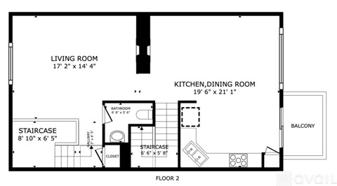 A floor plan of a two-story apartment with a living room, kitchen, dining room, bathroom, staircase, and closet.