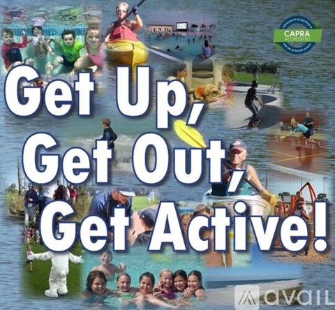 A collage of images promoting physical activity with the text "Get Up, Get Out, Get Active!"
