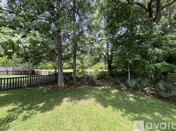 A backyard with a fence and trees.