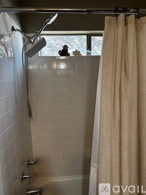 A bathroom with a shower curtain and a shower head.