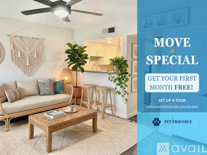 A modern kitchen with a promotion for a free first month.