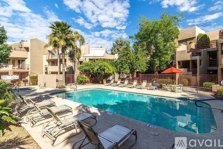 A swimming pool surrounded by lounge chairs and palm trees.