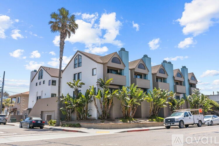 A row of houses with a palm tree in front of them.