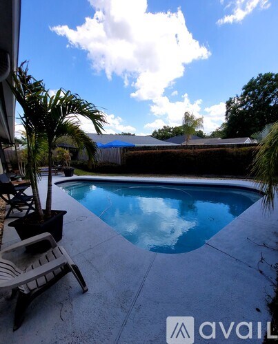 A pool surrounded by a patio and trees.