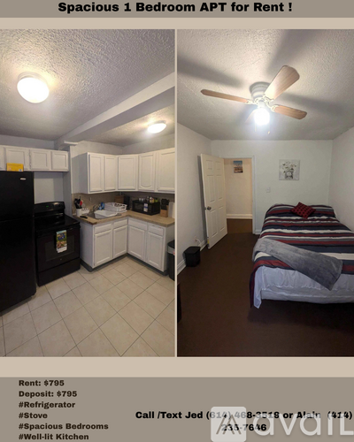 A room with a ceiling fan and a door.