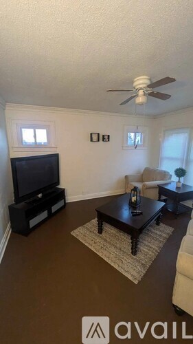 A living room with a television, a couch, and a rug.