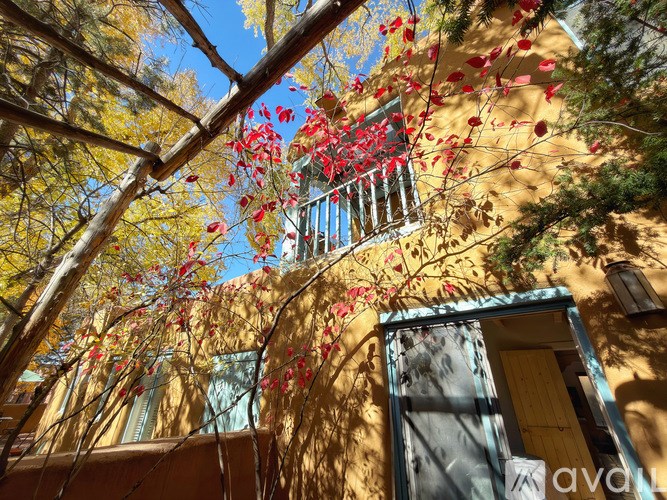 A yellow building with a blue door and window frames, and red flowers hanging from the branches of a tree.