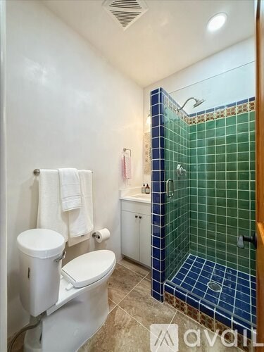 A bathroom with a toilet, a towel, and a shower.