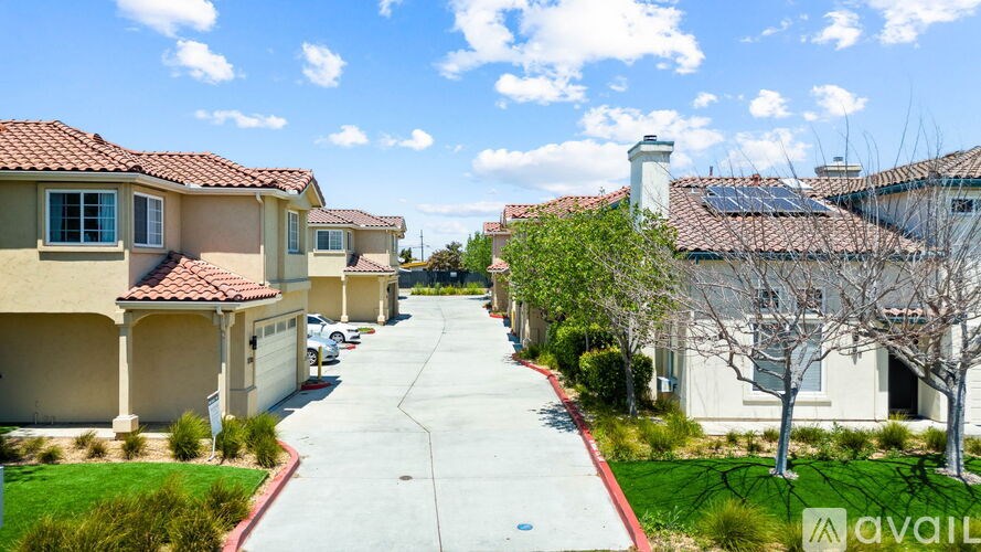 A row of houses with a red border on the sidewalk.
