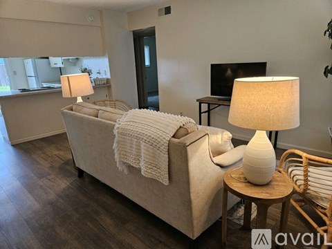 A living room with a couch, a chair, and a lamp.
