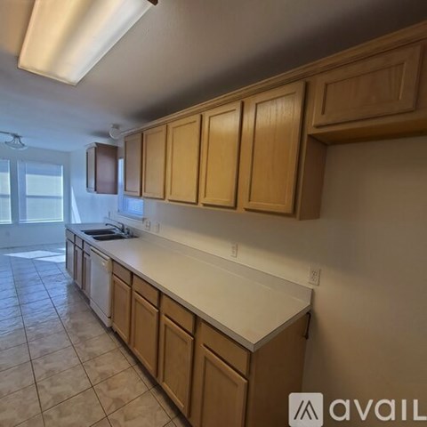 A kitchen with wooden cabinets and a countertop.