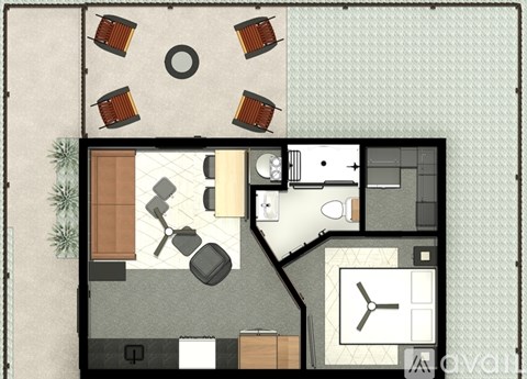 A floor plan of a house with a kitchen, living room, and bathroom.
