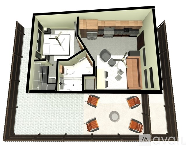 A 3D rendered image of a house layout.