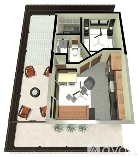 A drawing of a house layout with a kitchen, living room, and bathroom.