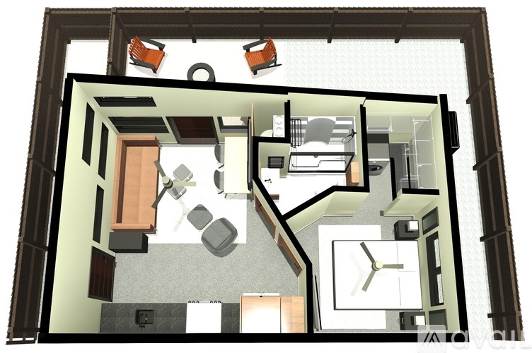 A 3D rendered image of a house layout.