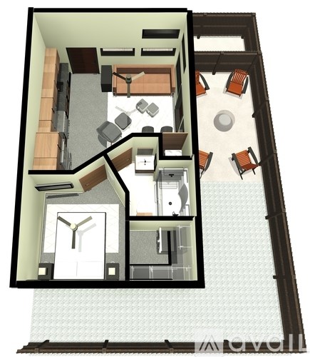 A 3D floor plan of a house with a kitchen, living room, and bathroom.