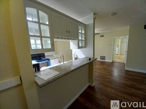 A kitchen with a counter and cabinets is available for rent.