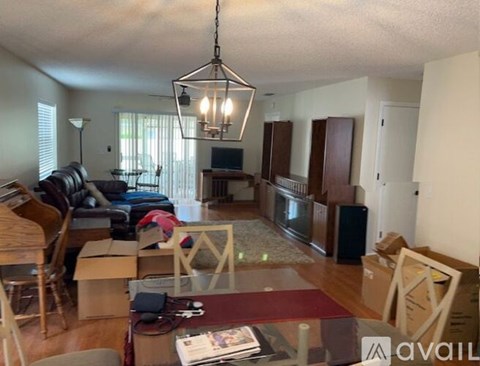 A living room with a couch, chair, and a dining table with a glass top.
