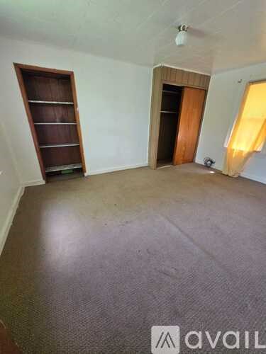 A room with a carpeted floor and a wooden shelf.