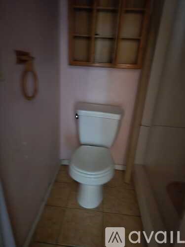 A white toilet in a small bathroom with a towel ring on the wall.
