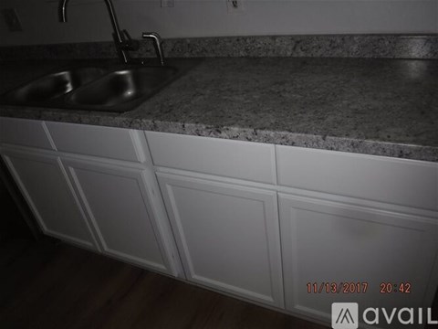 A kitchen counter with a sink and a faucet.