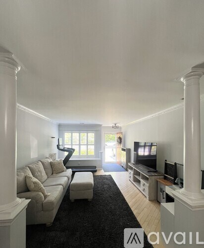 A living room with a white couch and a black rug.