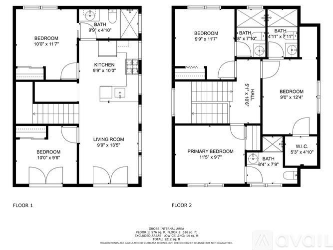 A floor plan of a two-story house with two bedrooms, a living room, a kitchen, and a bathroom on each floor.