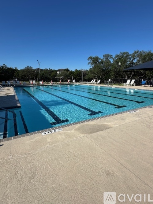 A large outdoor swimming pool with sun loungers and trees in the background.