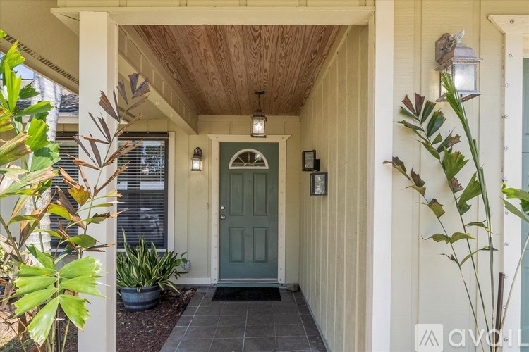A green door is at the end of a hallway.