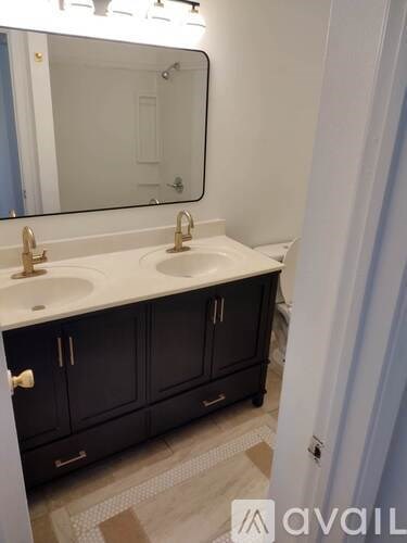 A bathroom with two sinks and a mirror.