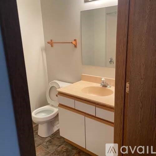 A bathroom with a toilet, sink, and mirror.
