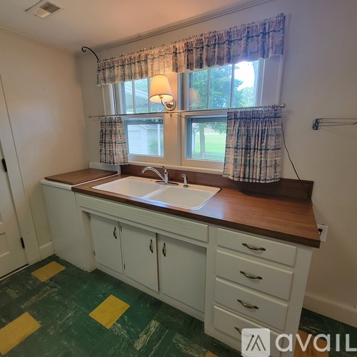 A kitchen with a sink and cabinets under a window.
