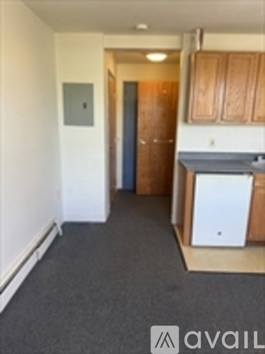 A kitchen area with wooden cabinets and a white fridge.