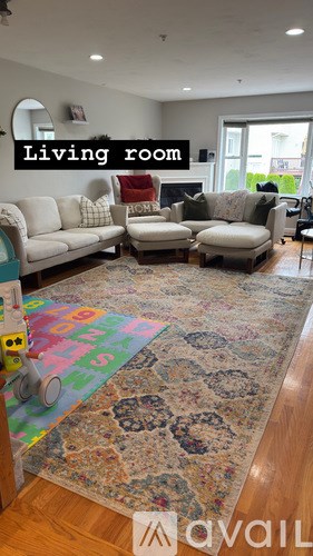 A living room with a rug and a sofa.