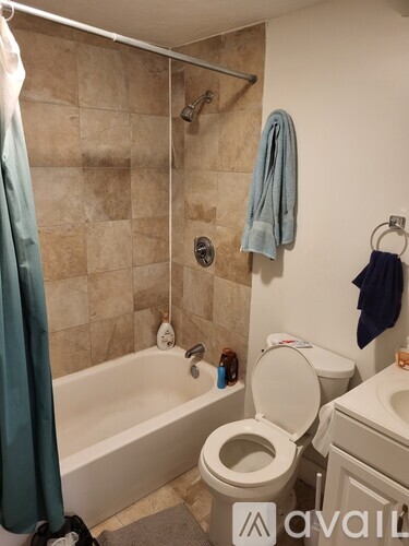 A bathroom with a toilet, sink, and shower.