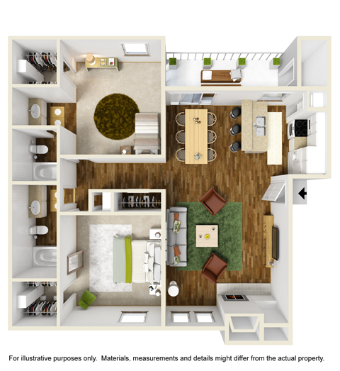 3D Furnished B2 floor plan, 2bed, 2bath, 944sqft. Montfort Crossing apartments in Dallas, TX