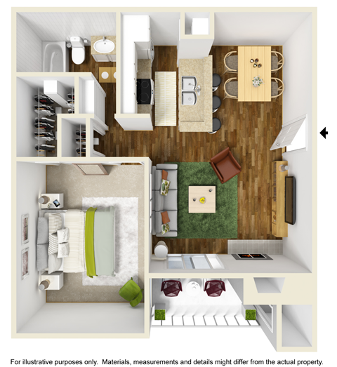 Montfort Crossing A2 floor plan 3D Furnished, 1 bed 1 bath and 609sqft. Apartments in Dallas TX.