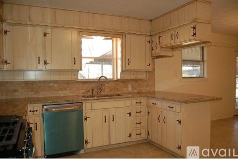 A kitchen with wooden cabinets and a blue dishwasher.