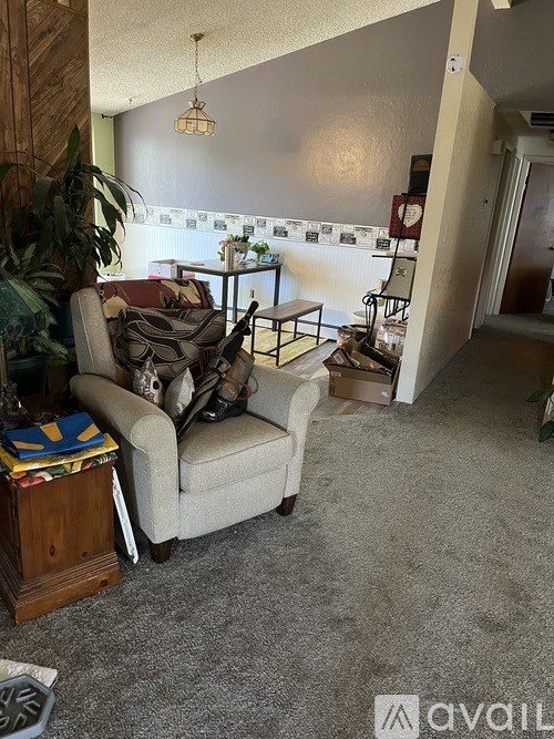 A living room with a couch, chair, and a plant.