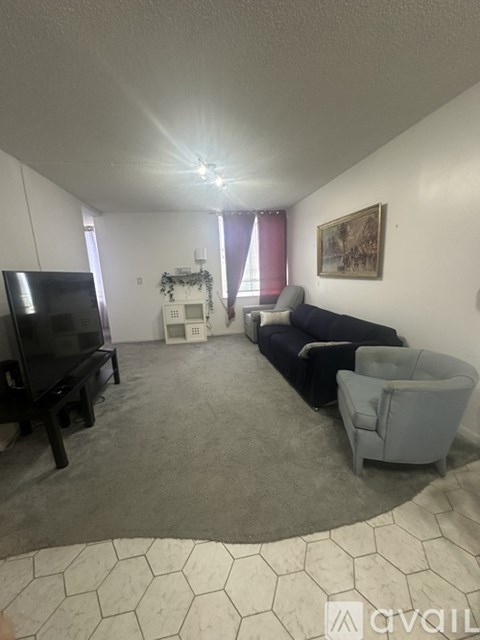 A living room with a grey carpet and a black sofa.
