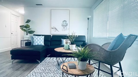 A living room with a black sofa, a grey armchair, and a small table with a plant on it.