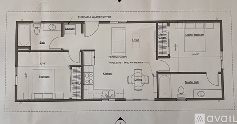 A floor plan of a house with a kitchen, living room, and two bedrooms.