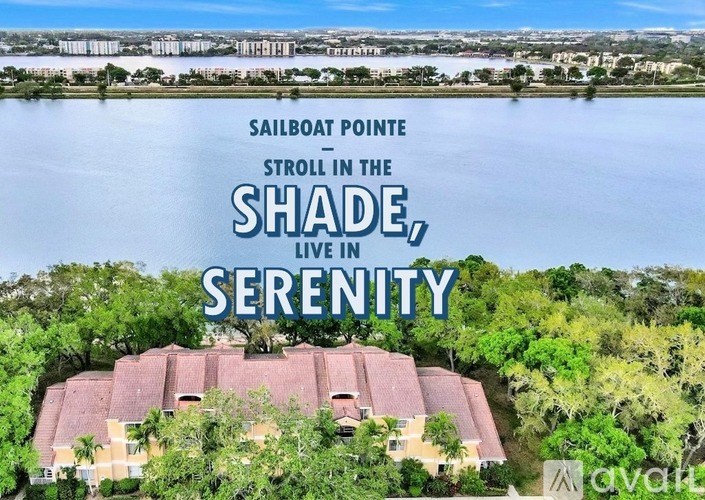 A bird's eye view of a residential area with the text "Sailboat Pointe, Stroll in the shade, live in Serenity" overlaid on the image.