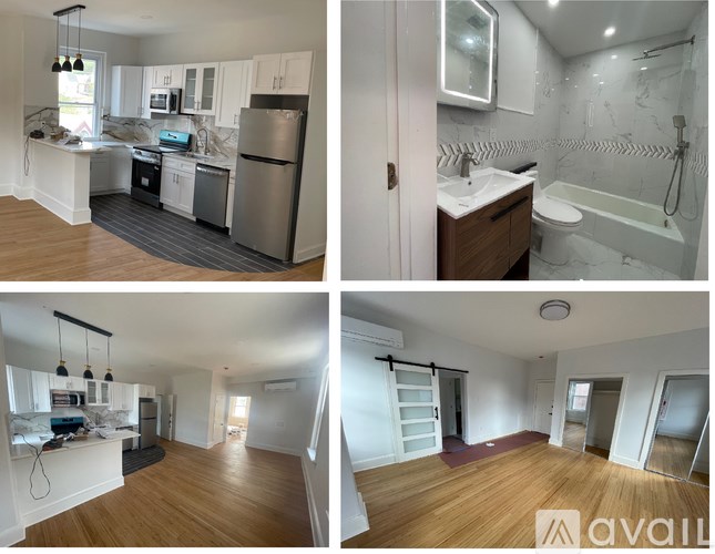 Four images of a kitchen and bathroom interior.