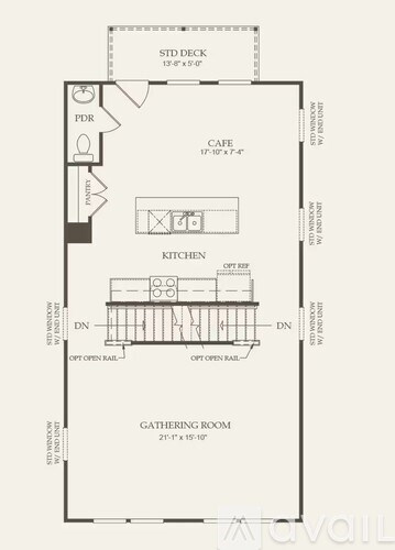 A floor plan of a small apartment with a kitchen, cafe, and gathering room.
