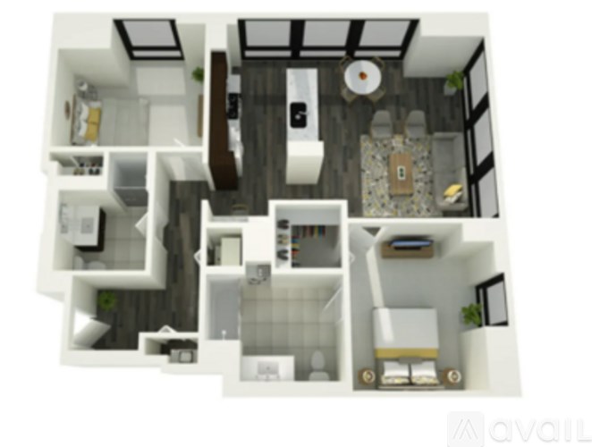 A floor plan of an apartment with a kitchen, living room, and two bedrooms.