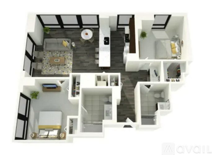 A white and black floor plan of a house with a kitchen, living room, and bathroom.