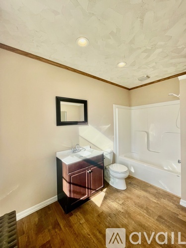 A bathroom with a wooden floor, a white toilet, a sink, and a mirror.