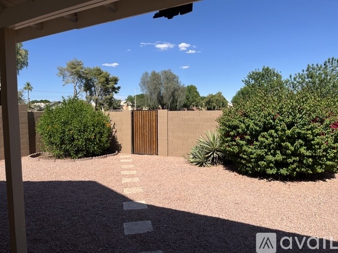 A backyard with a brown fence and green bushes.