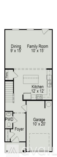 A floor plan of a house with a garage and a kitchen.